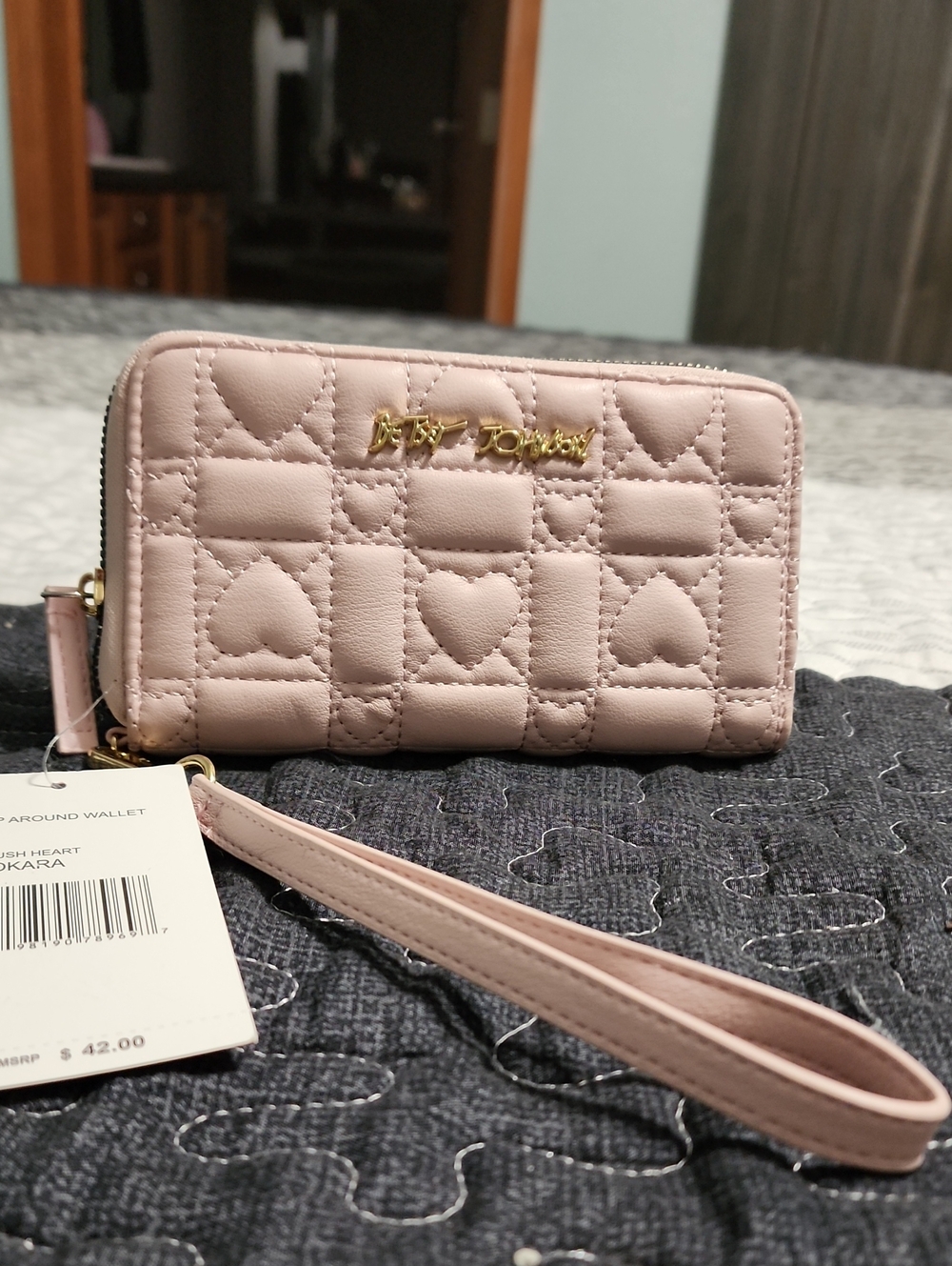 Betsey Johnson Pale Pink Quilted Heart Wristlet Wallet